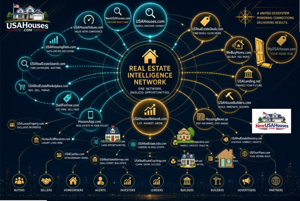 Real Estate Intelligence Network Broader Ecosystem Visualization connecting specialized platforms, verticals, and housing audiences